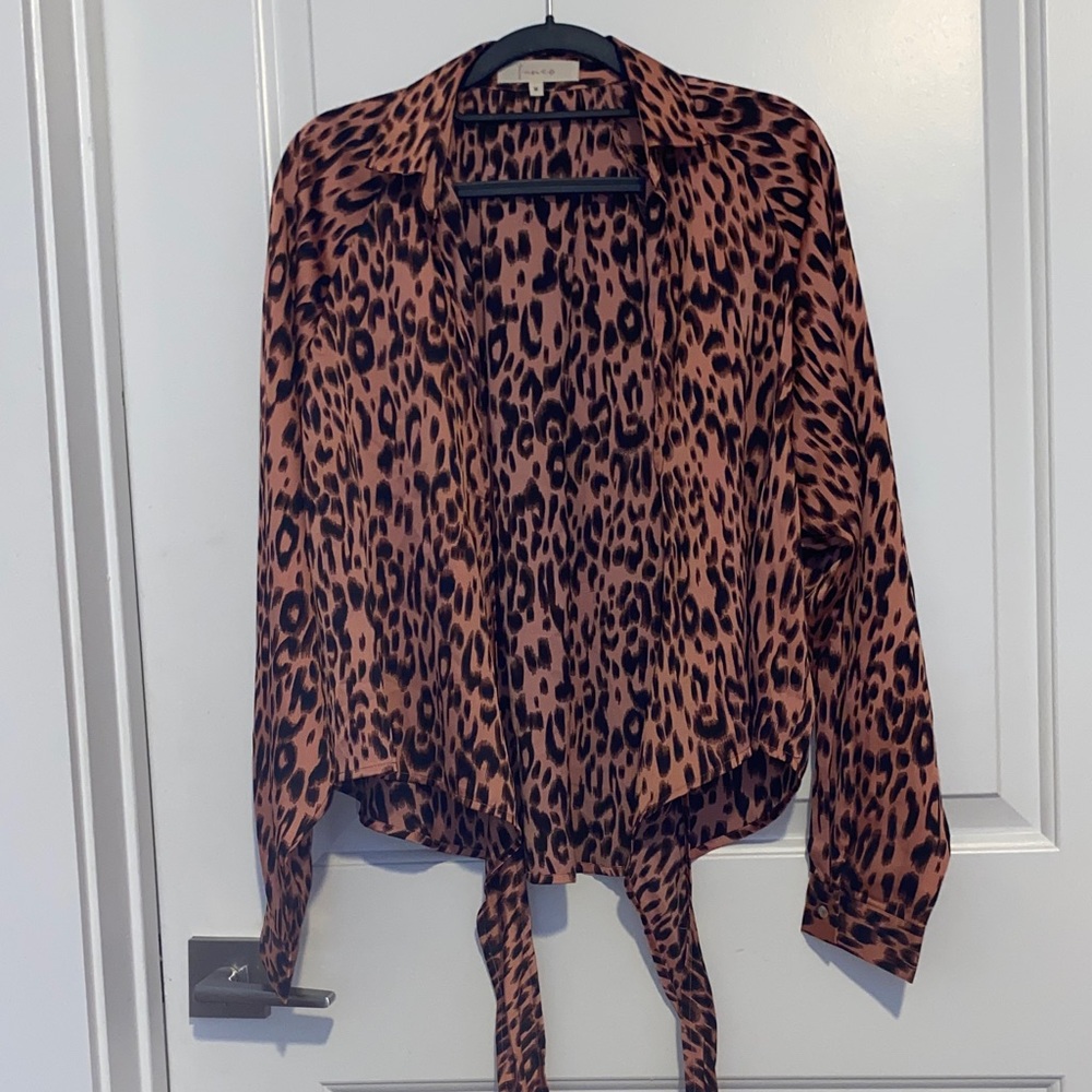 Leopard Tie-Front Blouse - Pink/Black Medium